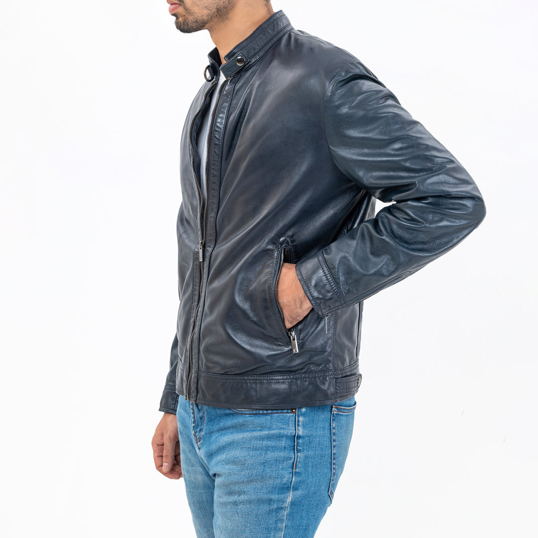 Navy Blue Leather Jacket