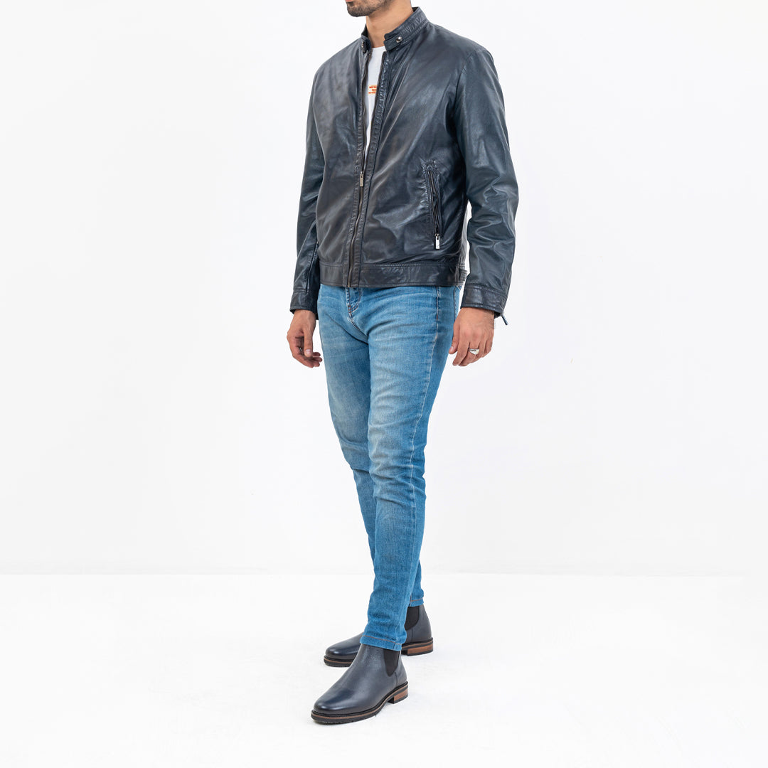 Navy Blue Leather Jacket